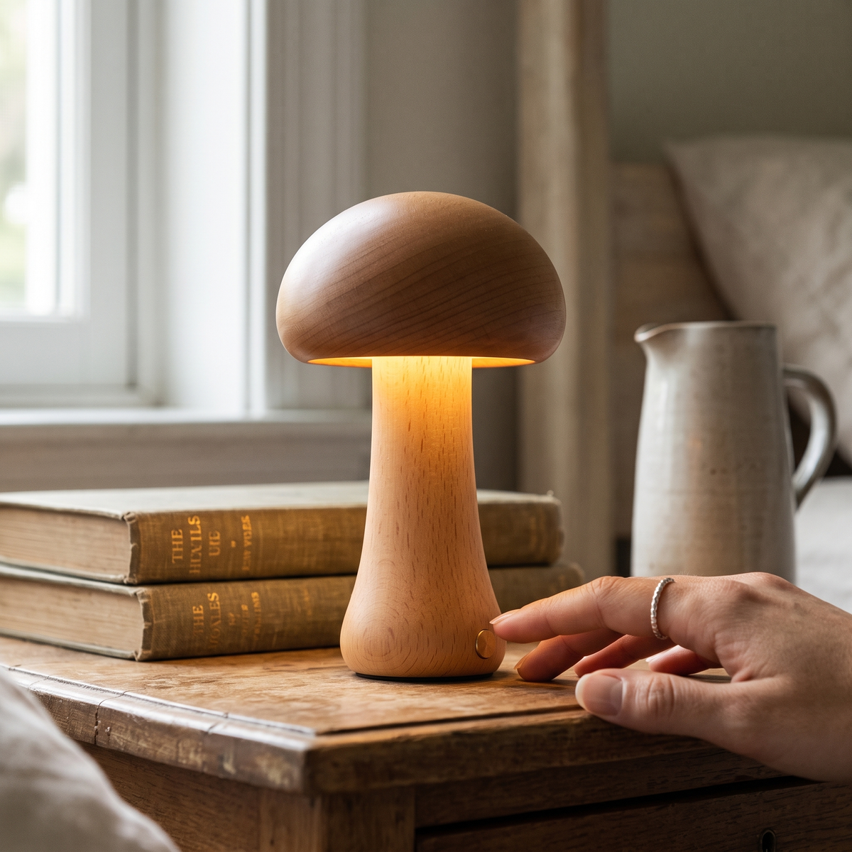 Cordless Wooden Mushroom Table Lamp close-up detail