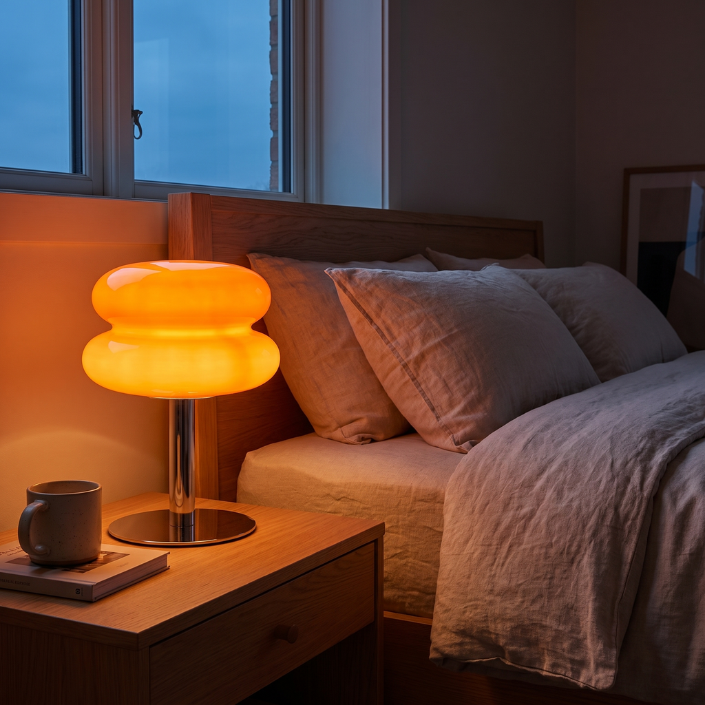 Double-Dome Glass Chrome Table Lamp in a bedroom