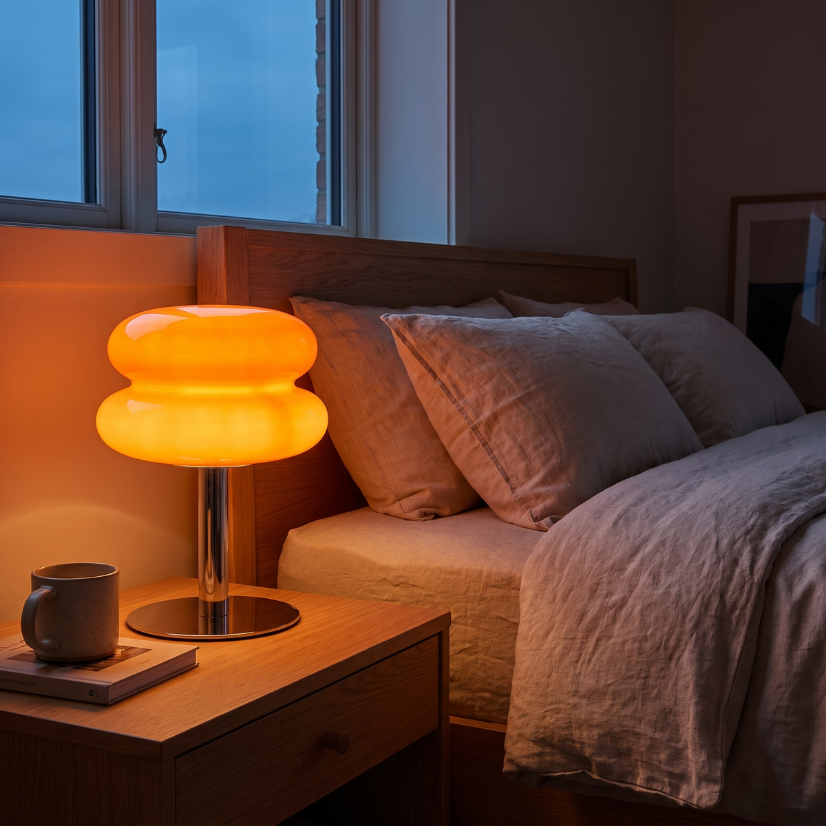 Double-Dome Glass Chrome Table Lamp in a bedroom