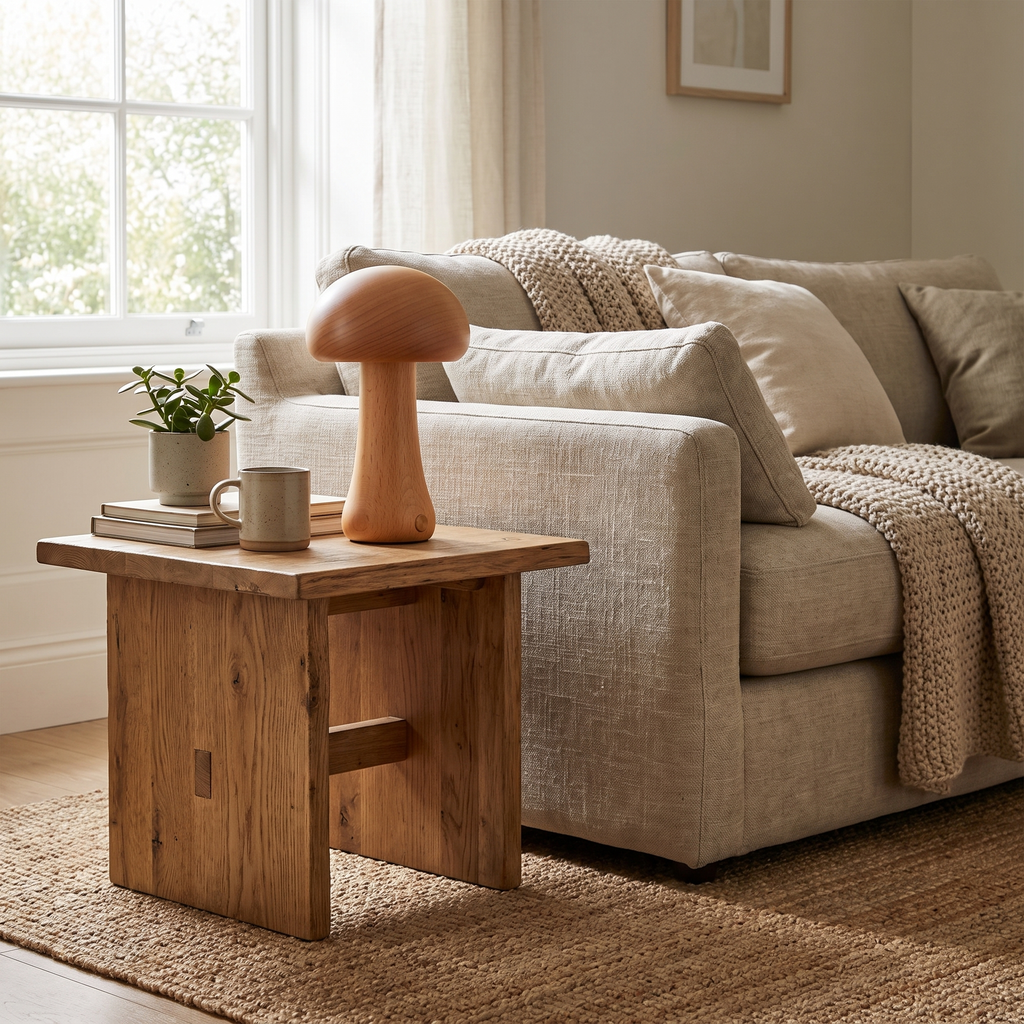 Cordless Wooden Mushroom Table Lamp in a living room