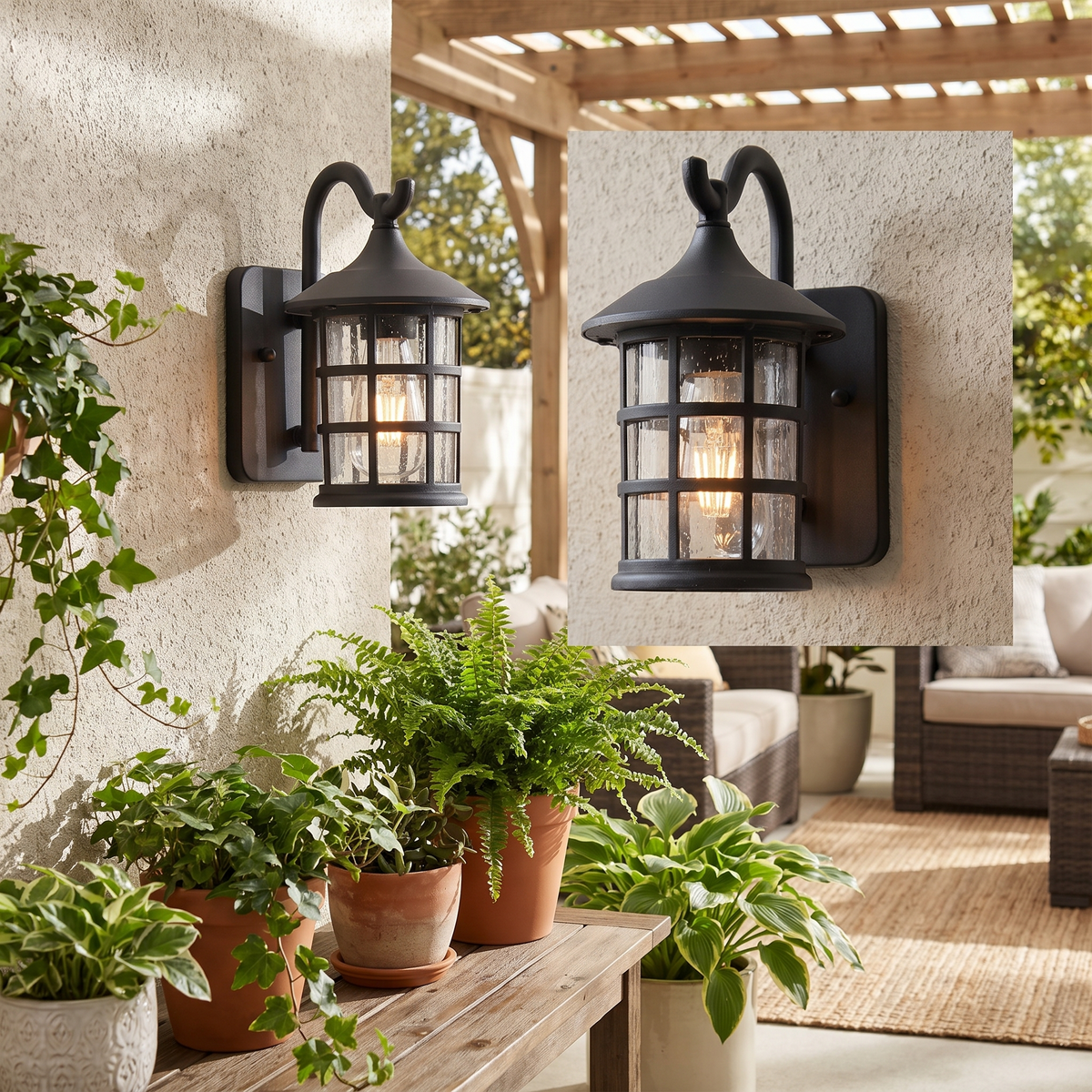 Seeded Glass Lantern Outdoor Wall Light on a patio