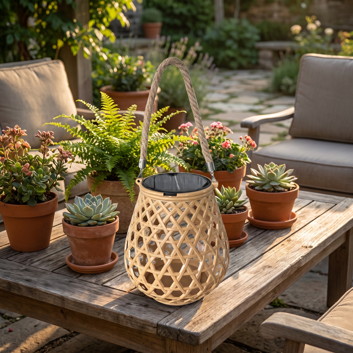 Solar Woven-Look Garden Lantern on a patio
