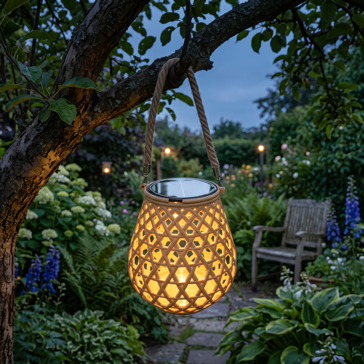 Solar Woven-Look Garden Lantern in a garden