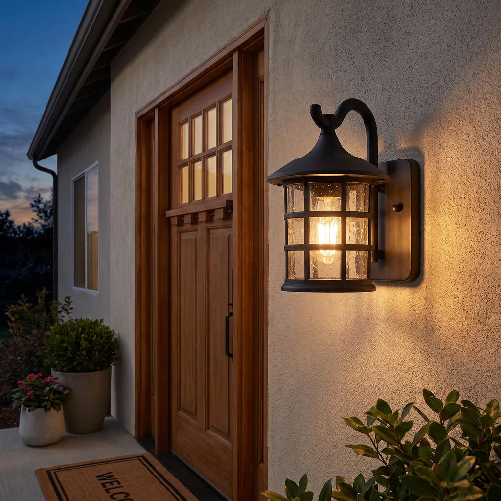 Seeded Glass Lantern Outdoor Wall Light at a front entrance