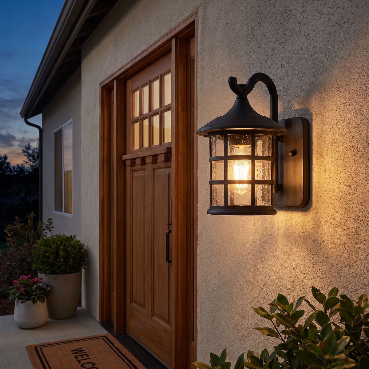 Seeded Glass Lantern Outdoor Wall Light at a front entrance