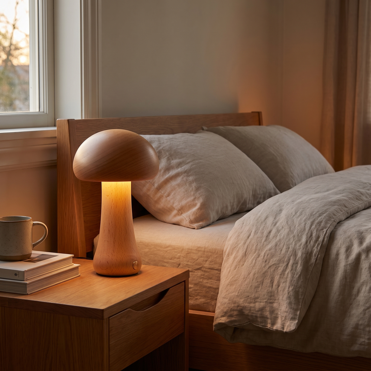 Cordless Wooden Mushroom Table Lamp in a bedroom