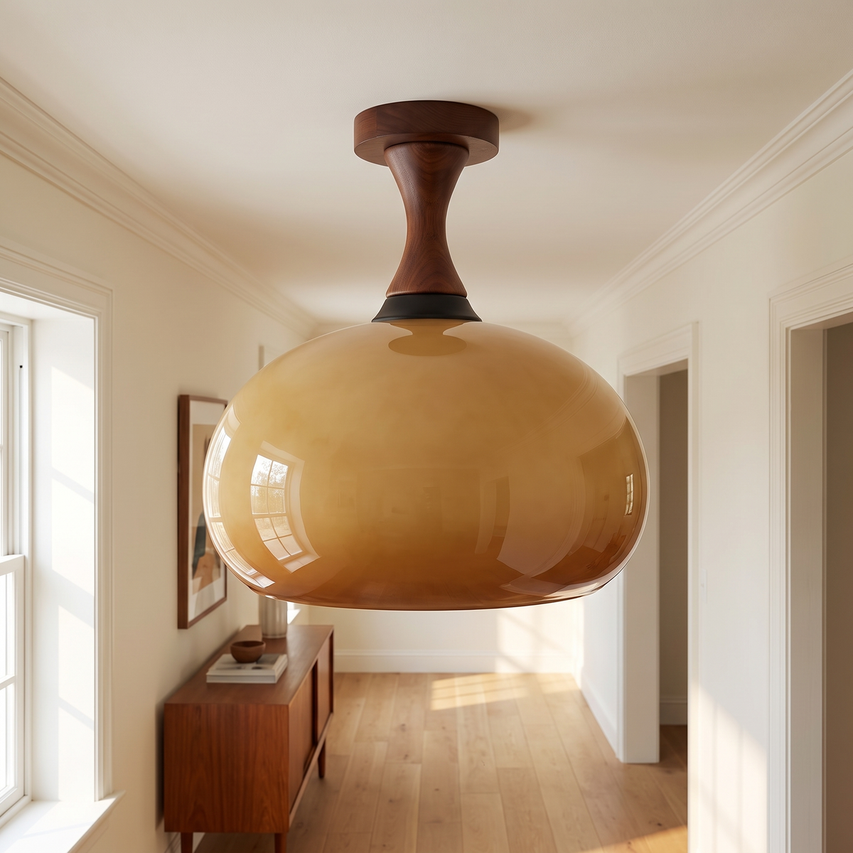 Caramel Glass Walnut Dome Ceiling Light in a hallway