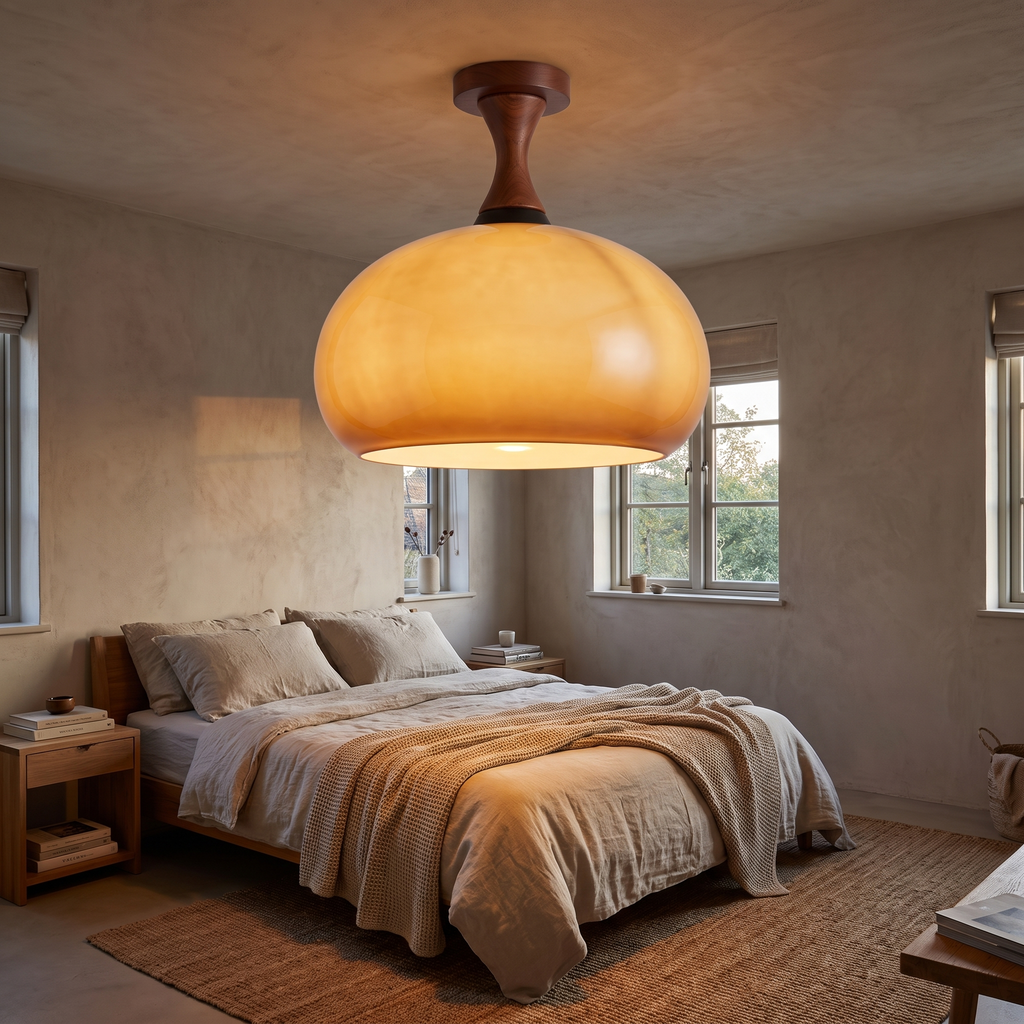 Caramel Glass Walnut Dome Ceiling Light in a bedroom