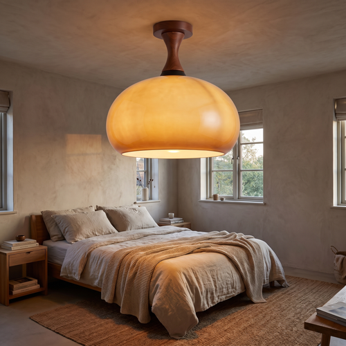 Caramel Glass Walnut Dome Ceiling Light in a bedroom