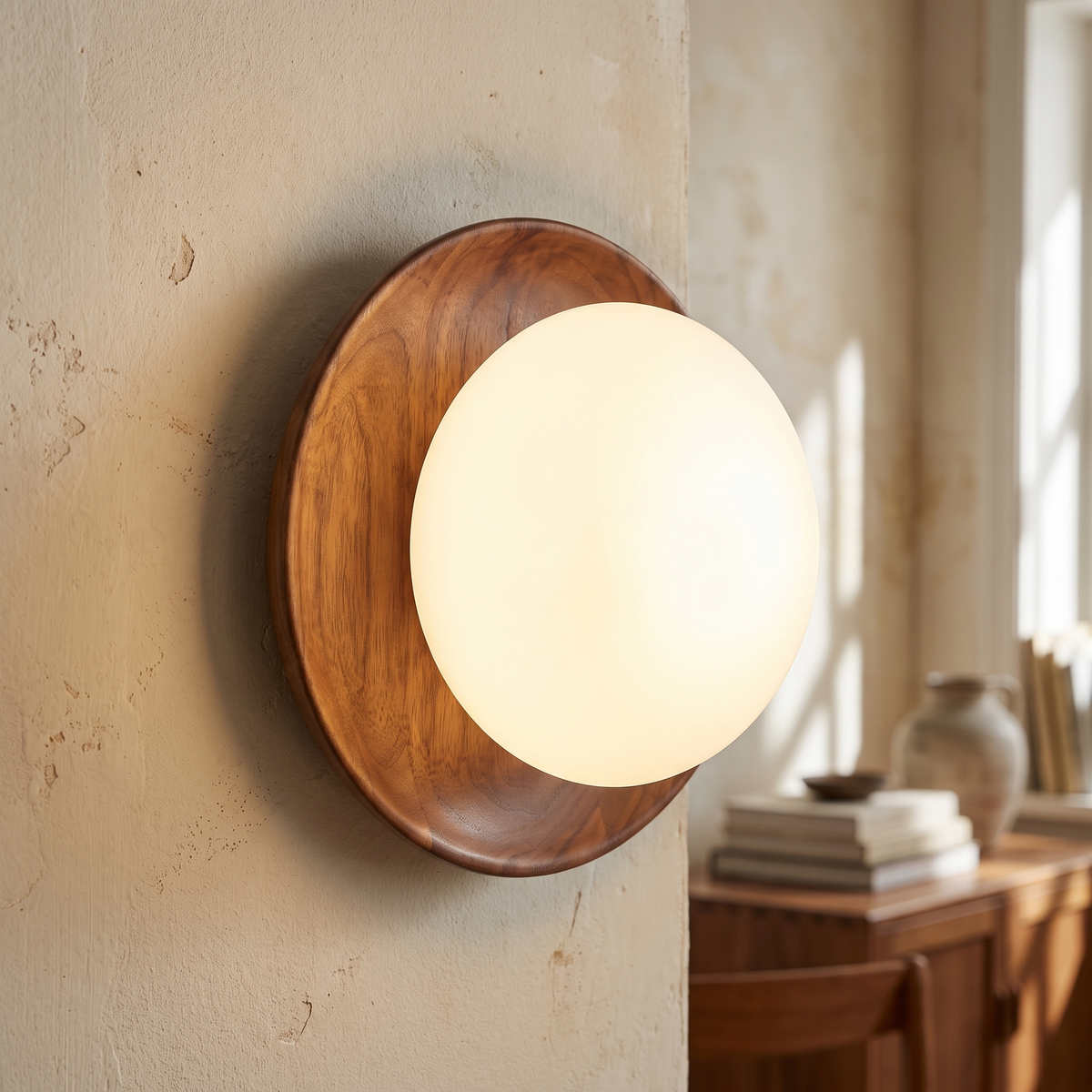 Hardwood Backplate Glass Dome LED Wall Light close-up detail
