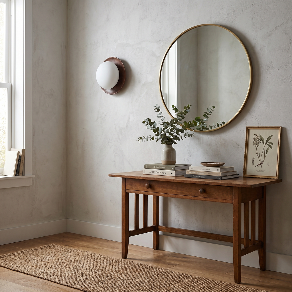 Hardwood Backplate Glass Dome LED Wall Light in a hallway