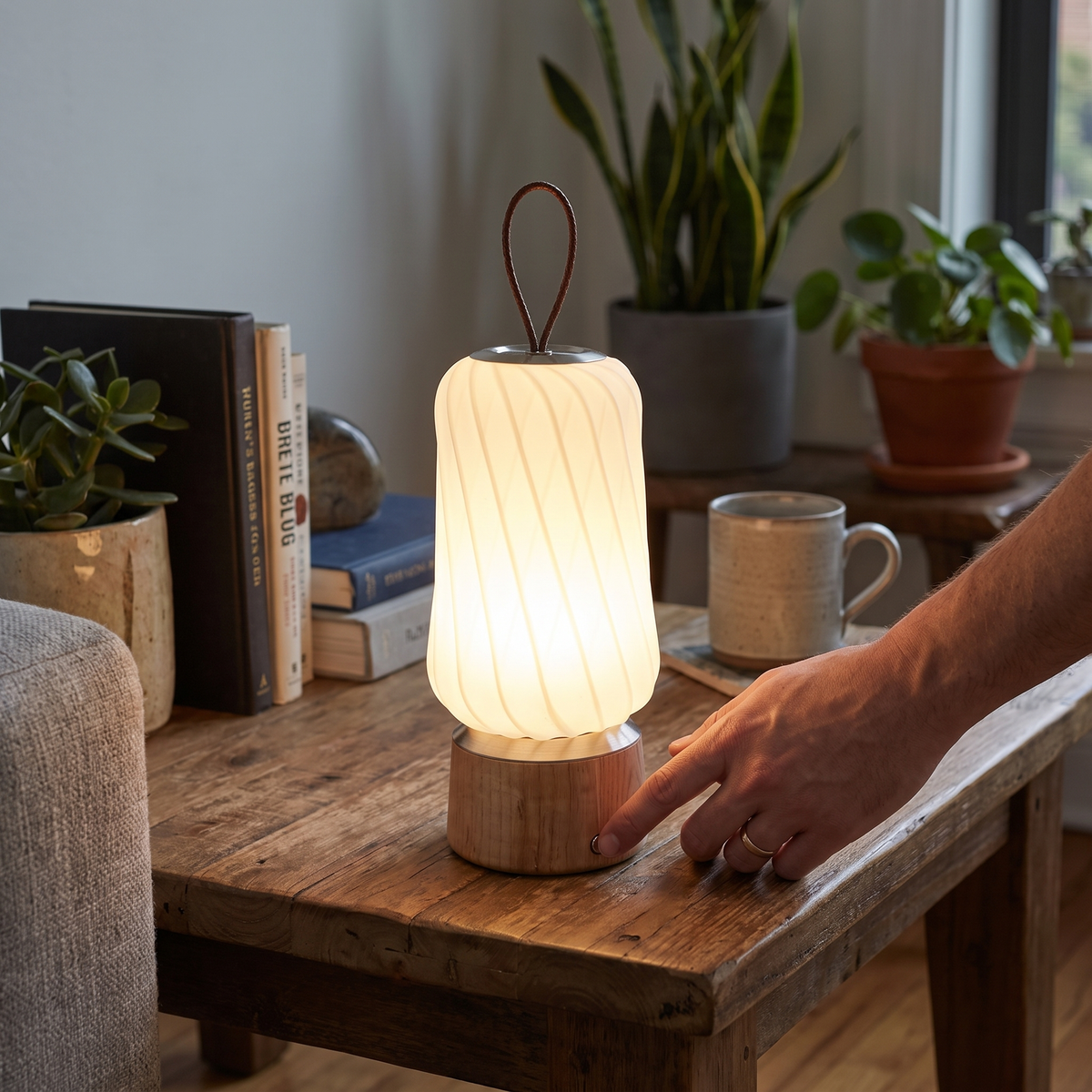 Cordless Ribbed Cylinder Touch Table Lamp close-up detail