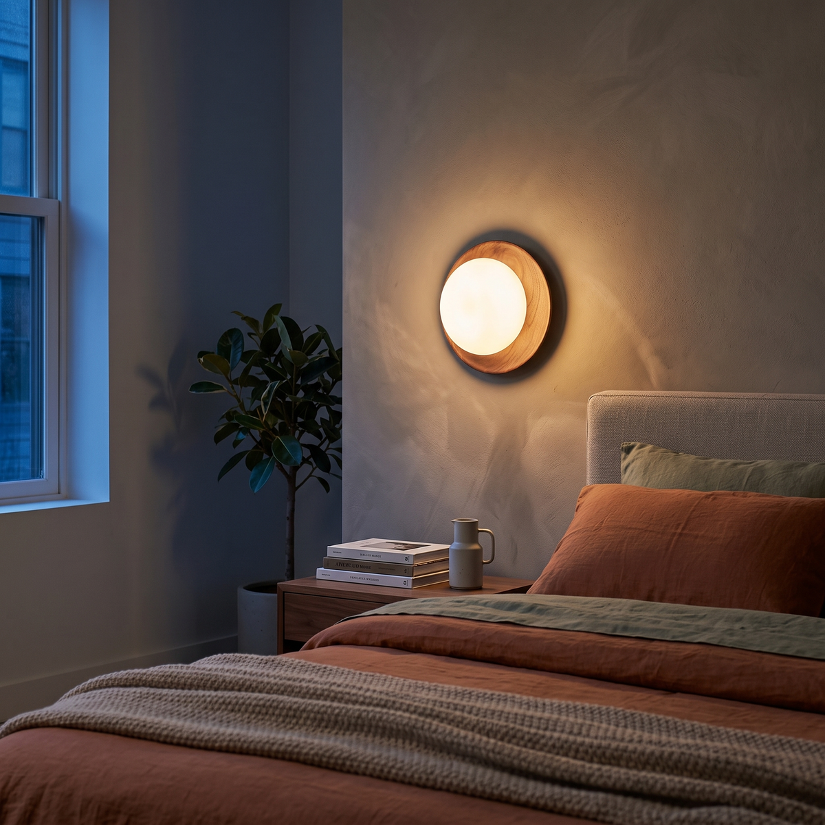 Hardwood Backplate Glass Dome LED Wall Light in a bedroom