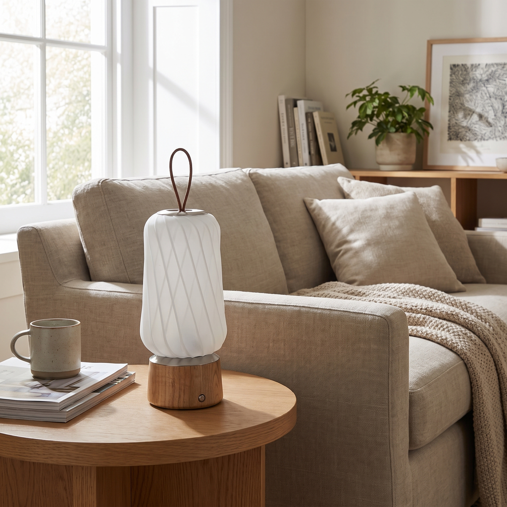 Cordless Ribbed Cylinder Touch Table Lamp in a living room