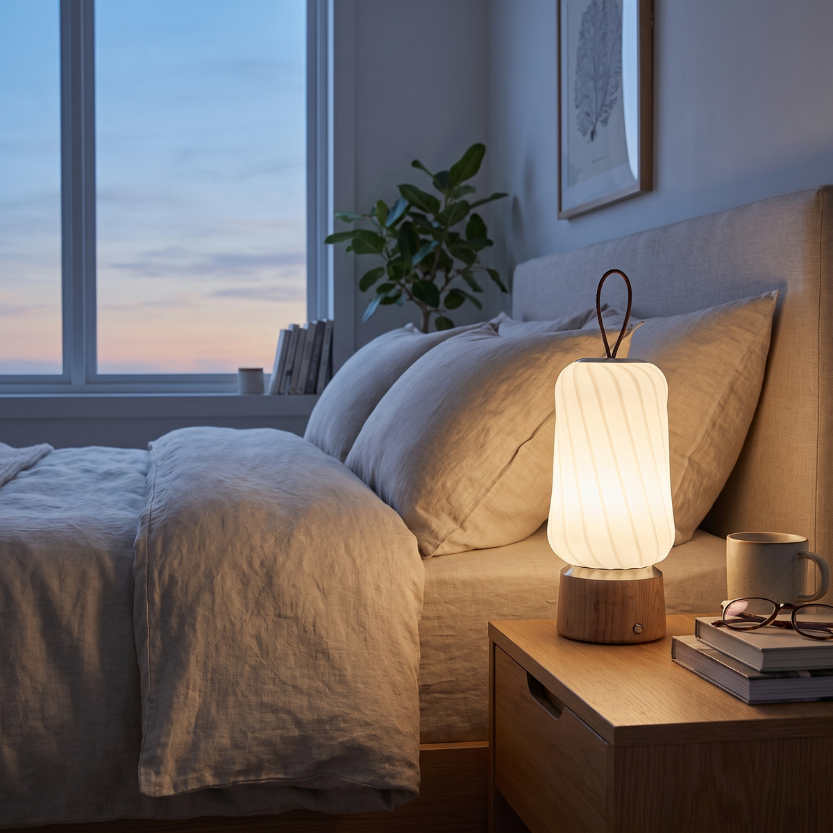 Cordless Ribbed Cylinder Touch Table Lamp in a bedroom
