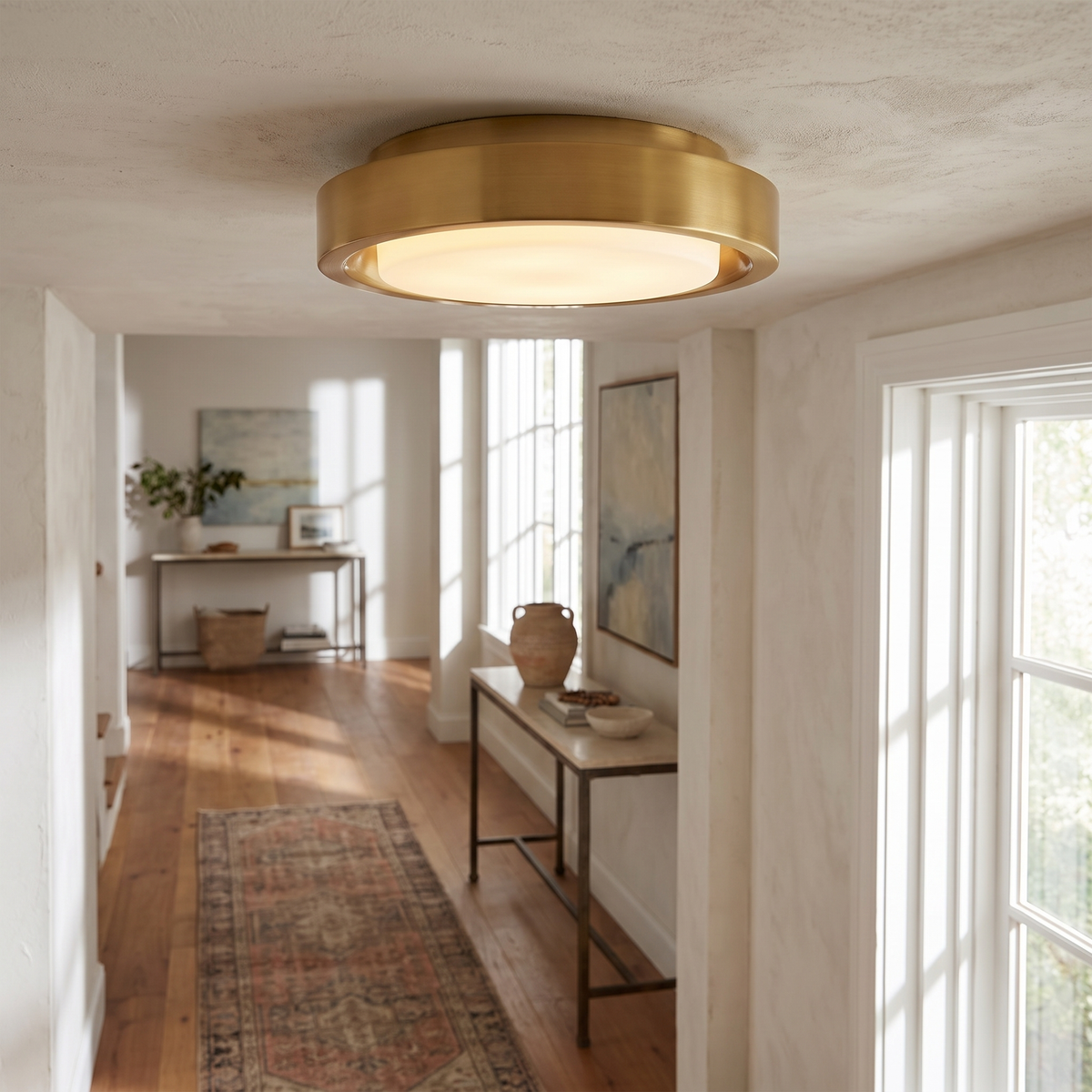 Wide Round Frosted Glass LED Flush Ceiling Light in a hallway