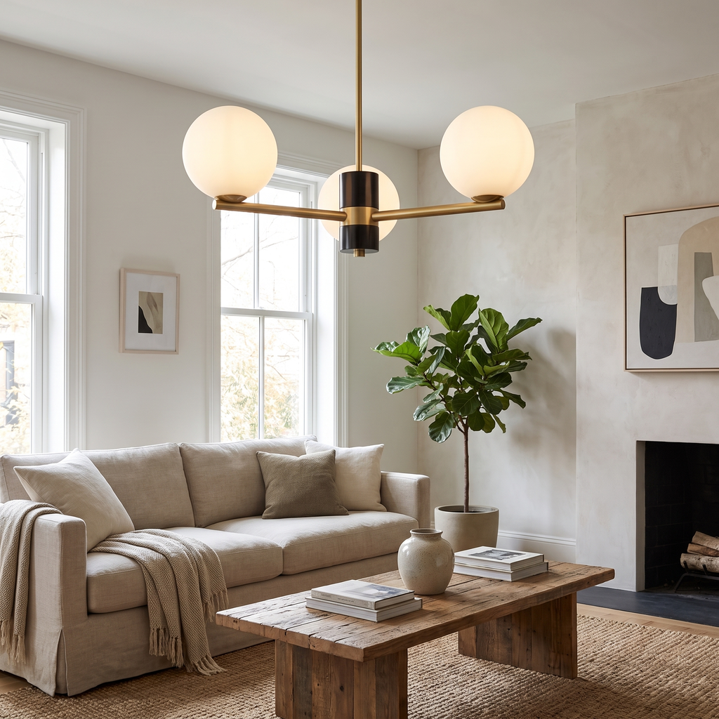 Angular Brass Arm Glass Globe Chandelier in a living room
