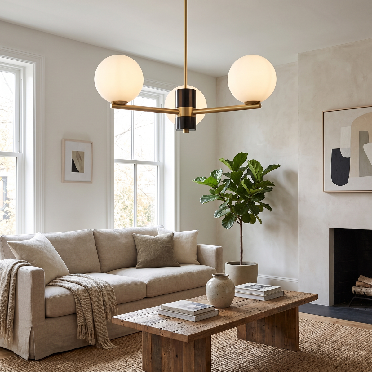 Angular Brass Arm Glass Globe Chandelier in a living room