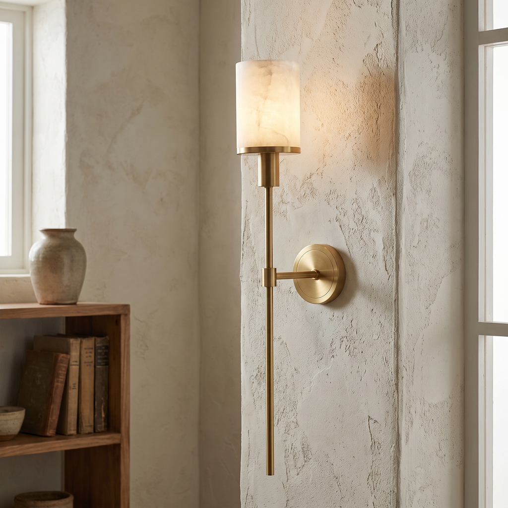 Alabaster Cylinder Brass Rod Wall Light close-up detail