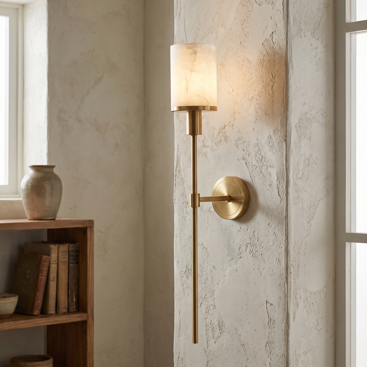 Alabaster Cylinder Brass Rod Wall Light close-up detail