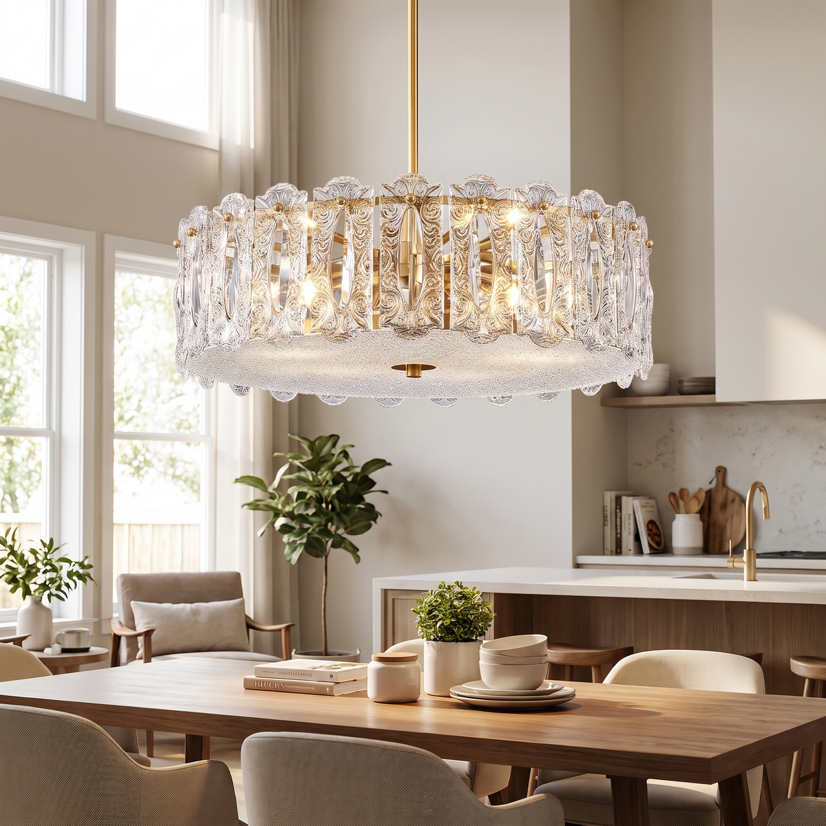 Textured Glass Brass Drum Pendant Light in a living room