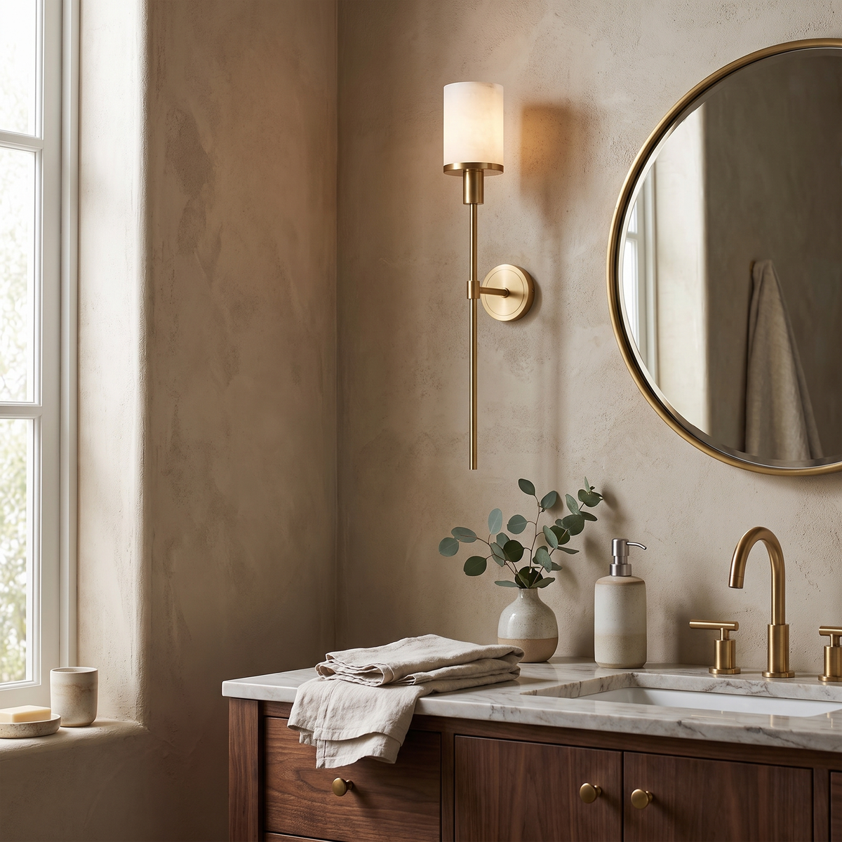 Alabaster Cylinder Brass Rod Wall Light in a hallway