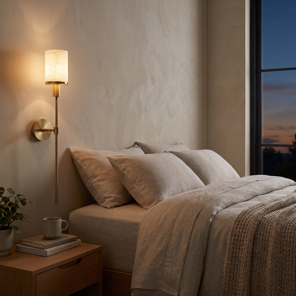Alabaster Cylinder Brass Rod Wall Light in a bedroom