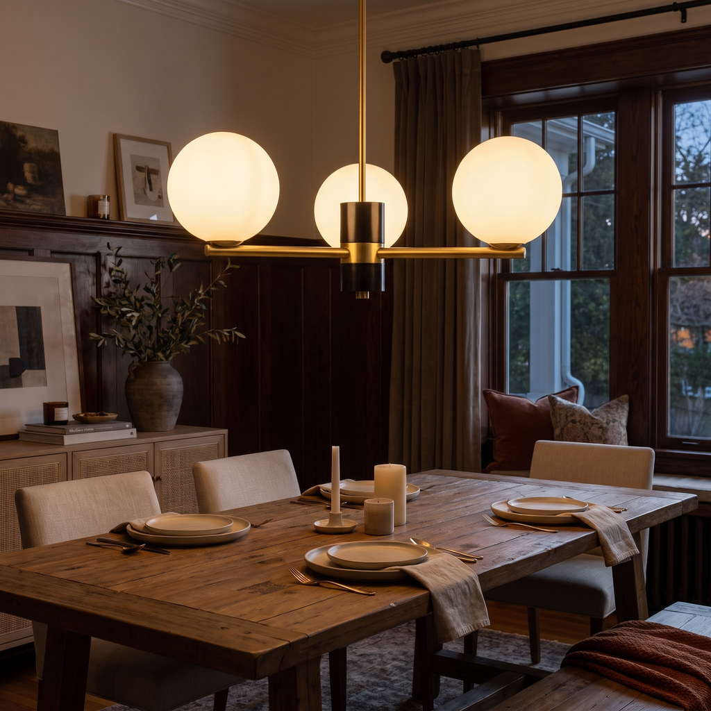 Angular Brass Arm Glass Globe Chandelier in a dining room