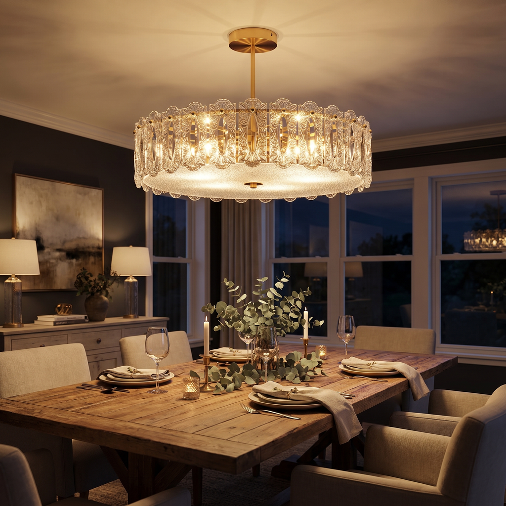 Textured Glass Brass Drum Pendant Light in a dining room