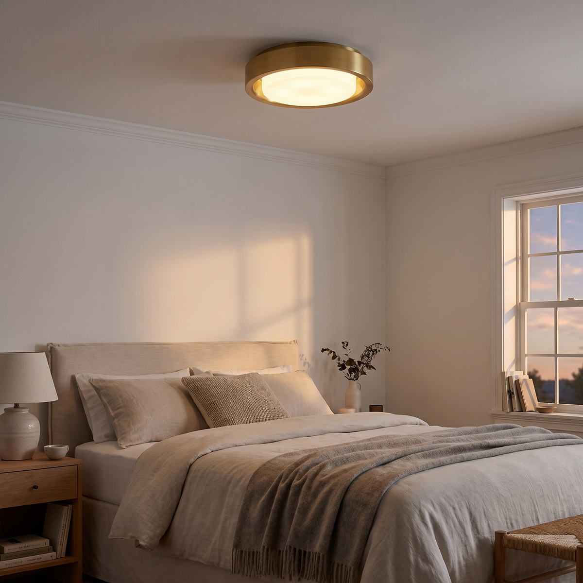 Wide Round Frosted Glass LED Flush Ceiling Light in a bedroom