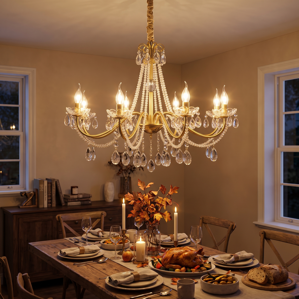 Gold Candle-Arm Crystal Chandelier in a dining room