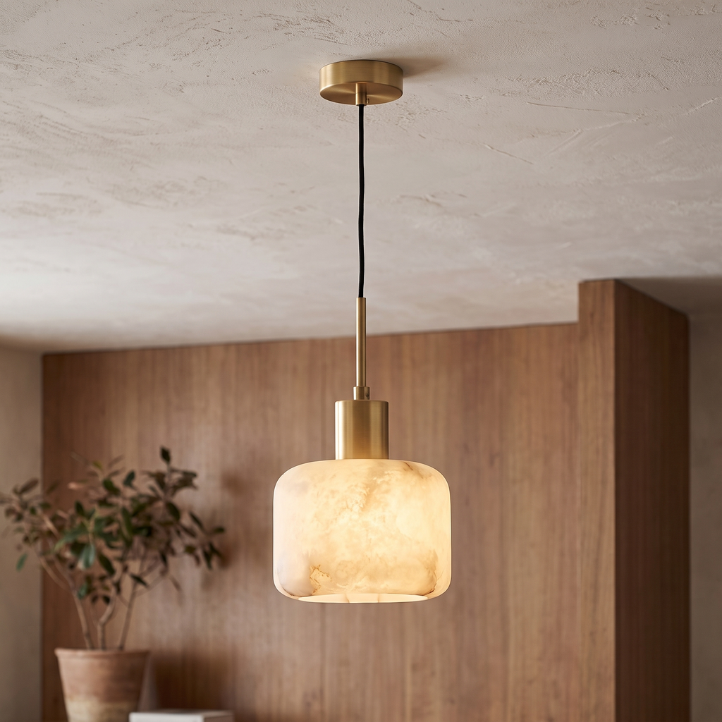 Rounded Alabaster Brass Pendant Light close-up detail