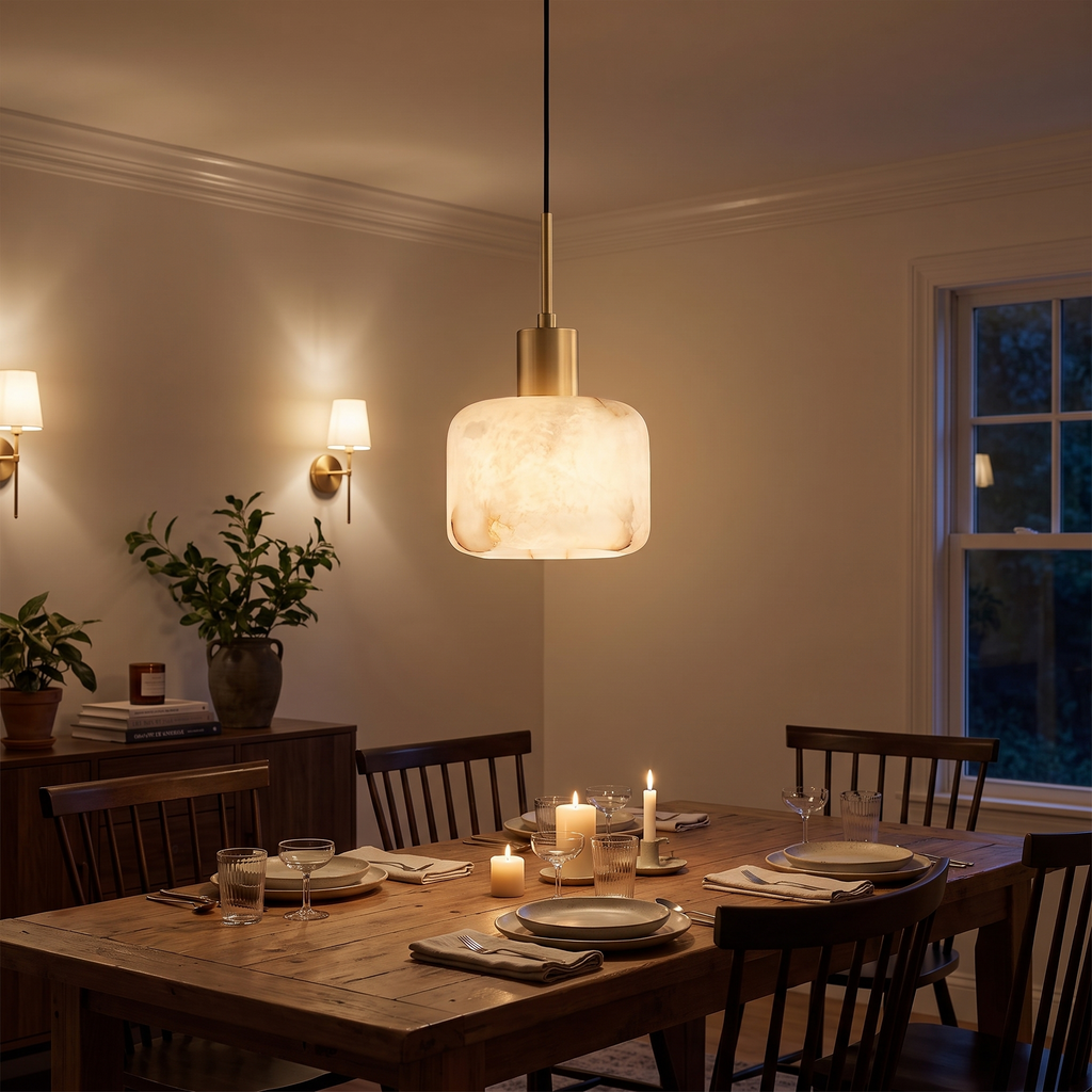 Rounded Alabaster Brass Pendant Light in a dining room