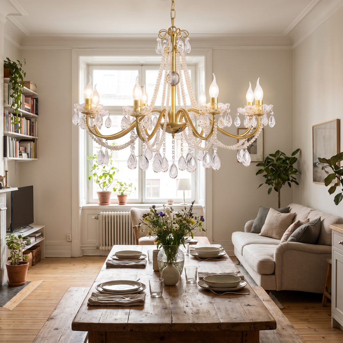 Gold Candle-Arm Crystal Chandelier in a living room
