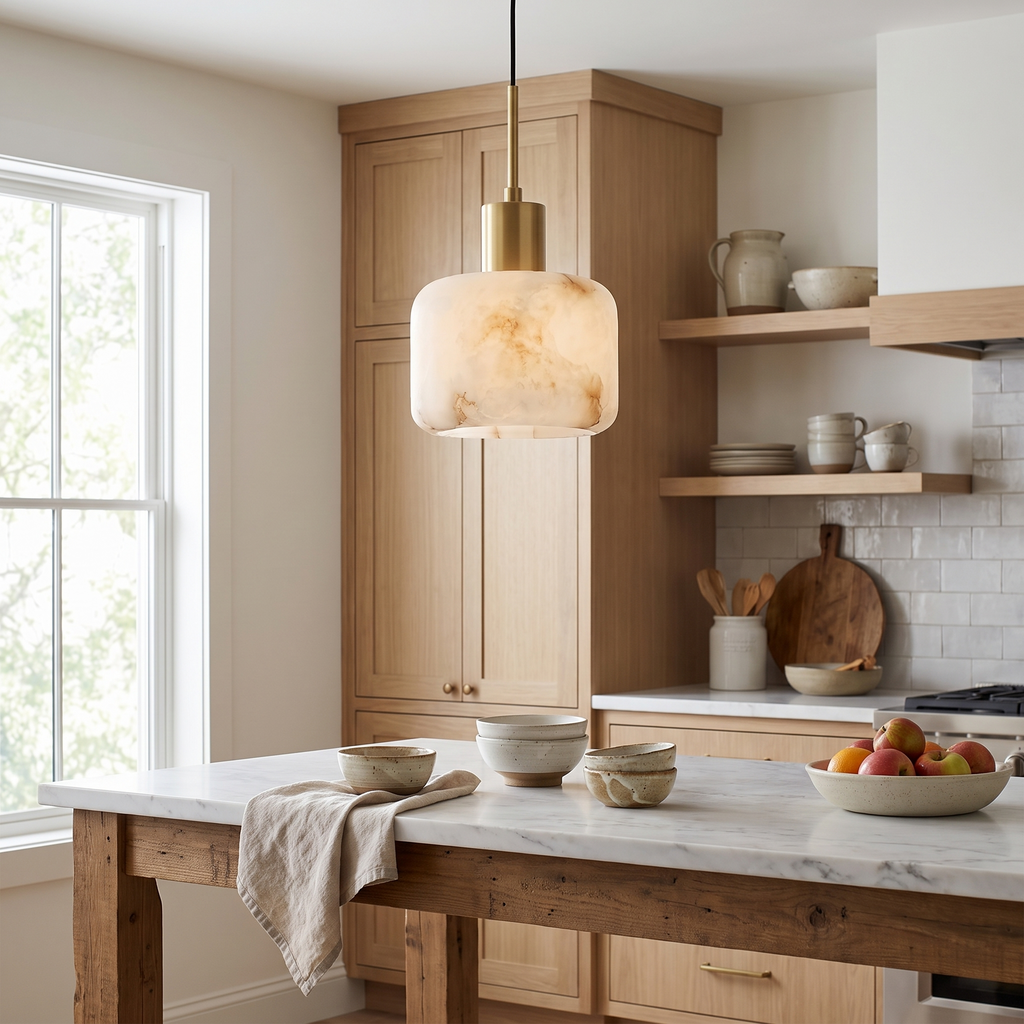 Rounded Alabaster Brass Pendant Light in a living room