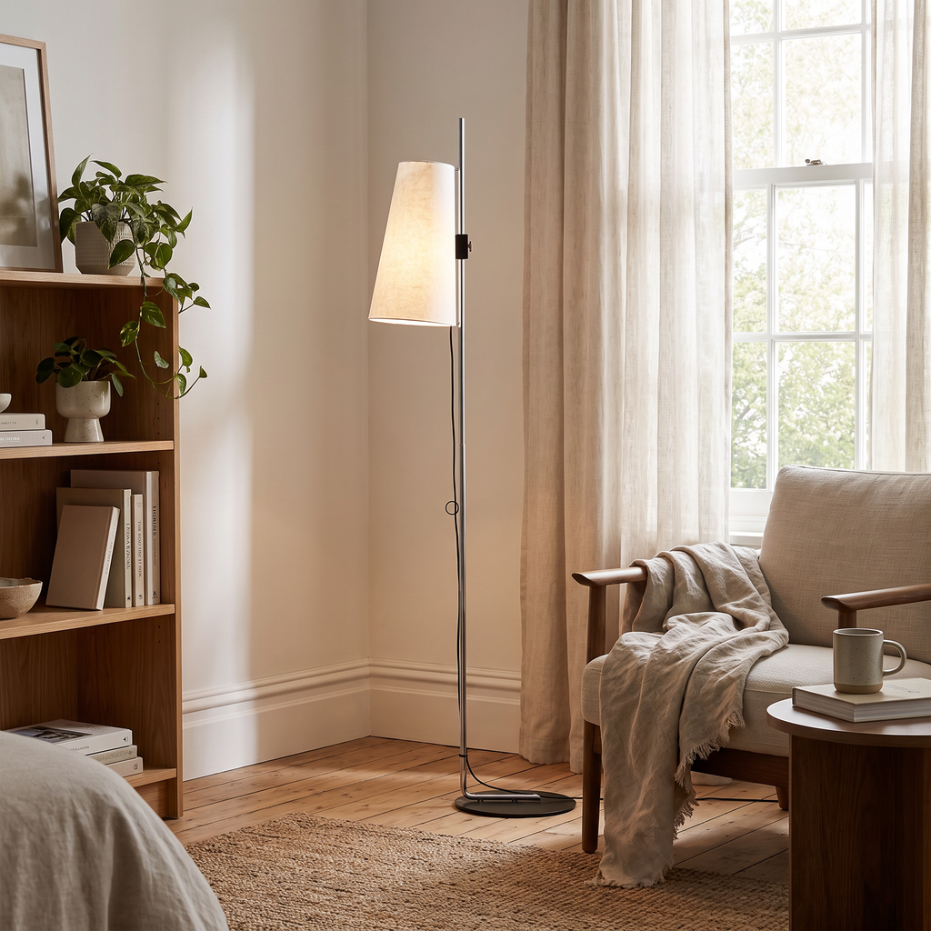 Tapered Rice Paper Shade Chrome Floor Lamp in a bedroom