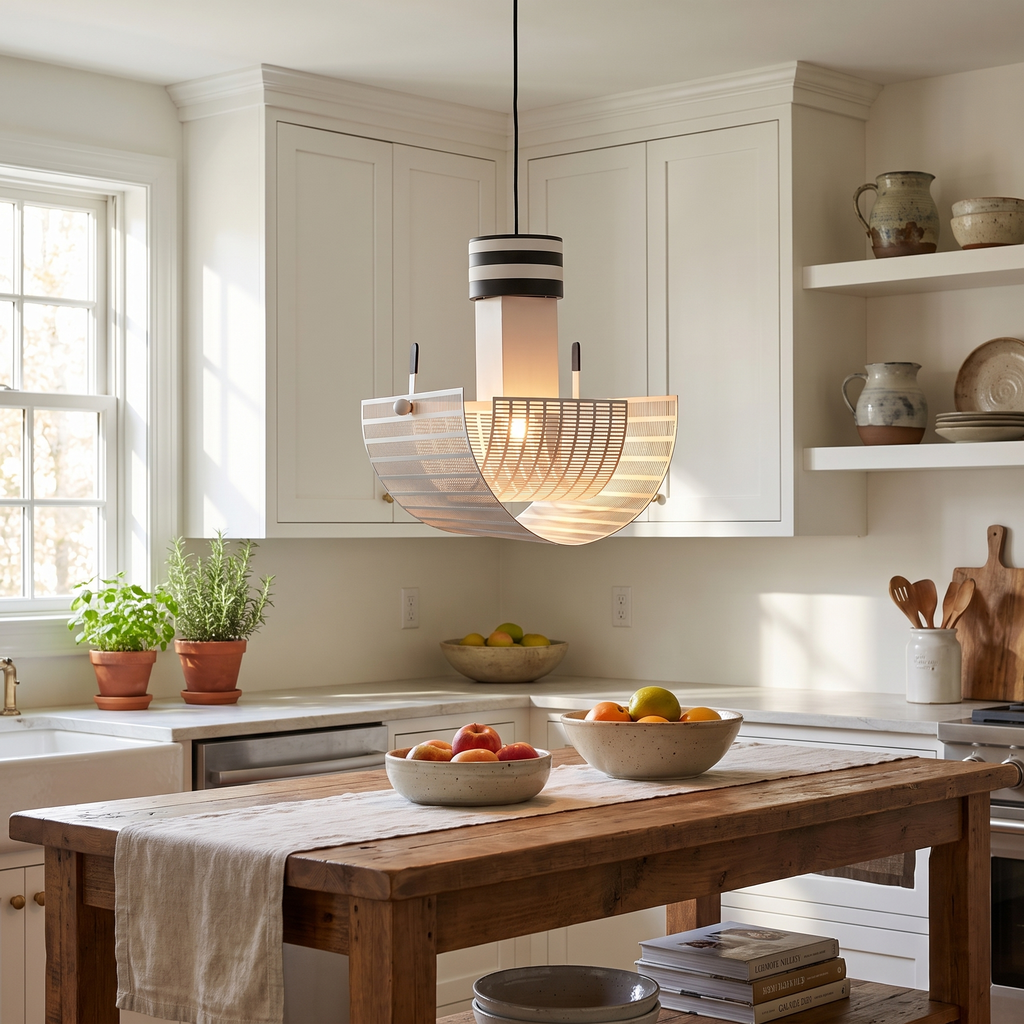 Striped Bowl Perforated Shade Pendant Lamp in a living room