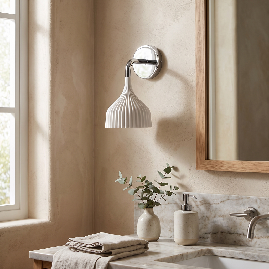 Pleated Bell Shade Curved Arm Wall Light in a hallway