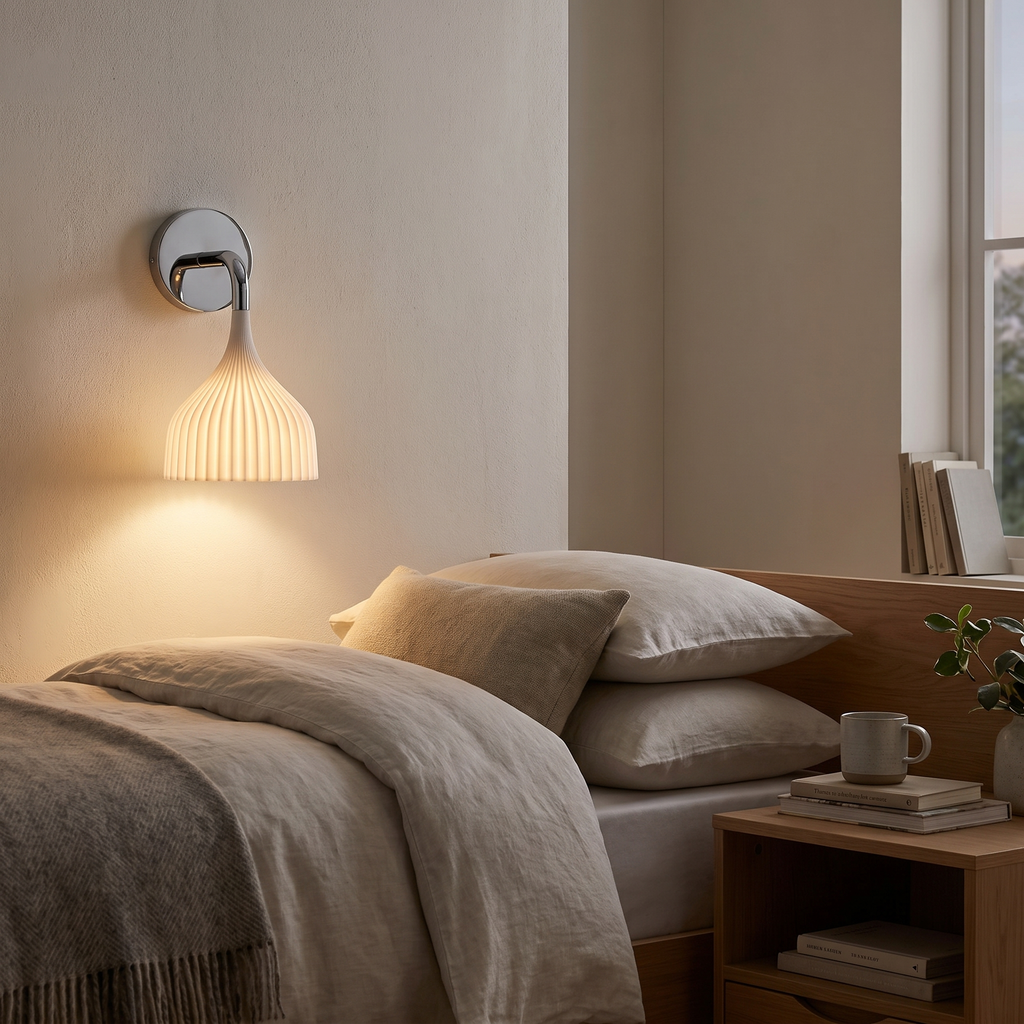 Pleated Bell Shade Curved Arm Wall Light in a bedroom