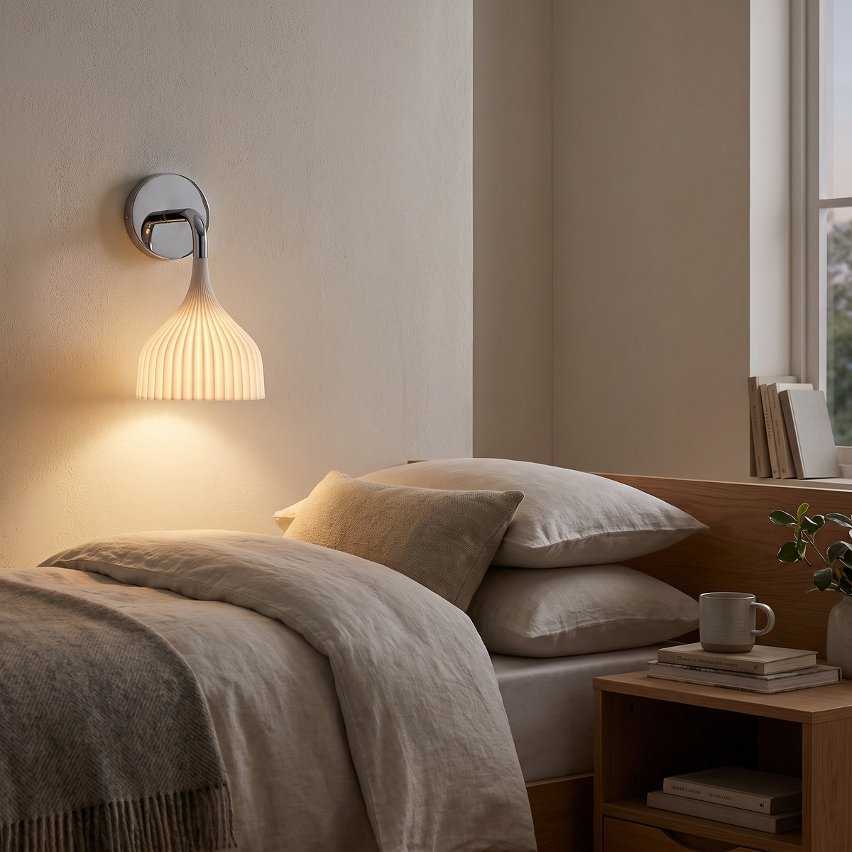 Pleated Bell Shade Curved Arm Wall Light in a bedroom