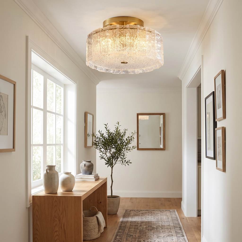 Textured Glass Cylinder Brass Flush Ceiling Light in a hallway