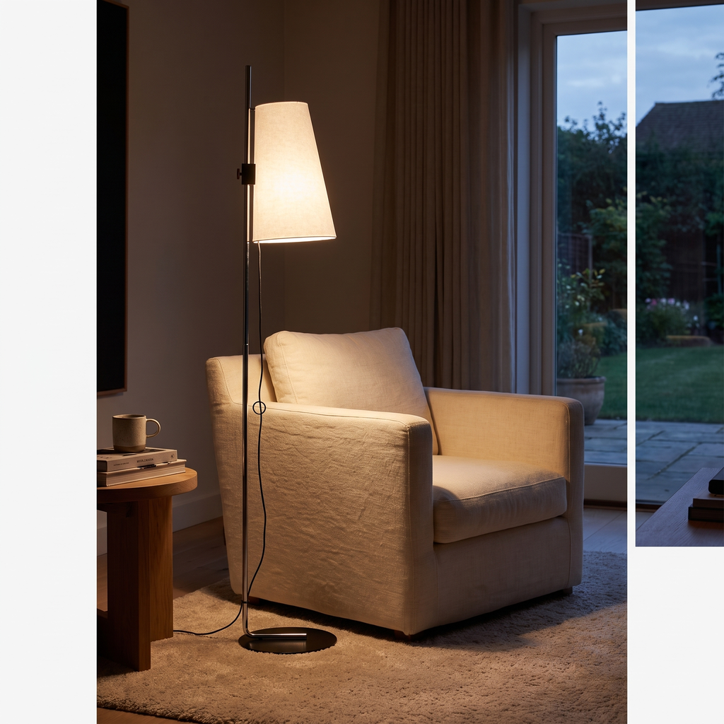 Tapered Rice Paper Shade Chrome Floor Lamp in a living room