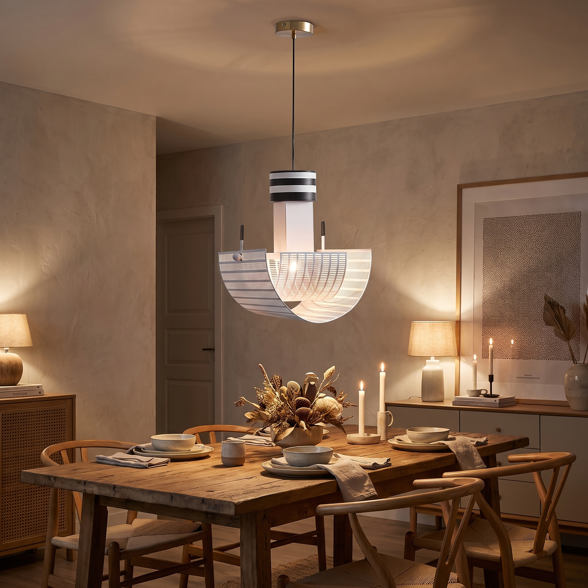 Striped Bowl Perforated Shade Pendant Lamp in a dining room