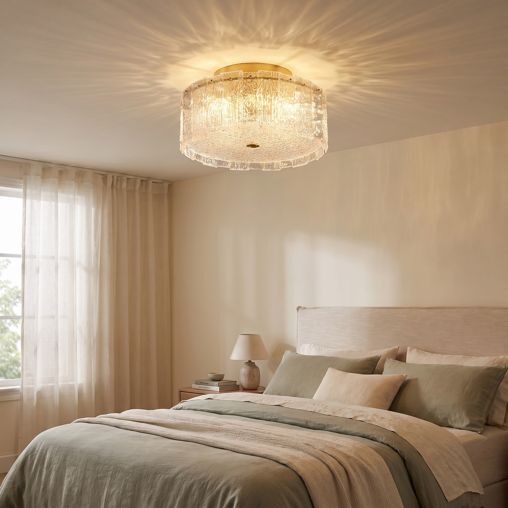 Textured Glass Cylinder Brass Flush Ceiling Light in a bedroom