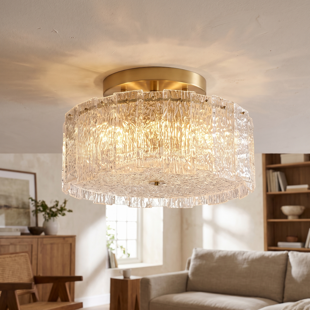 Textured Glass Cylinder Brass Flush Ceiling Light close-up detail
