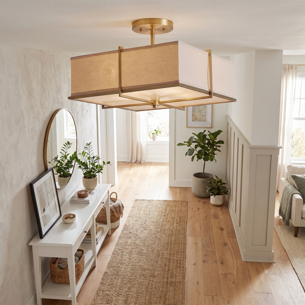 Square Linen Shade Brass Flush Ceiling Light in a hallway