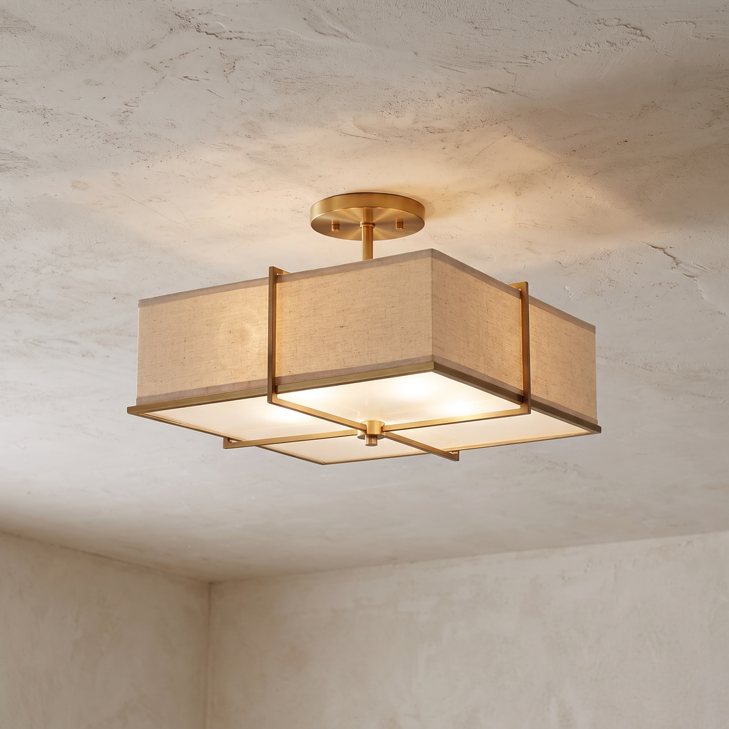 Square Linen Shade Brass Flush Ceiling Light close-up detail