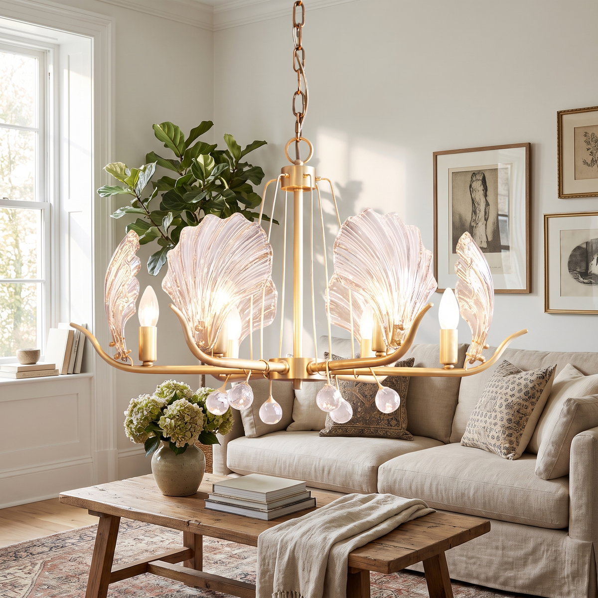 Amber Shell Glass Brass Chandelier in a living room