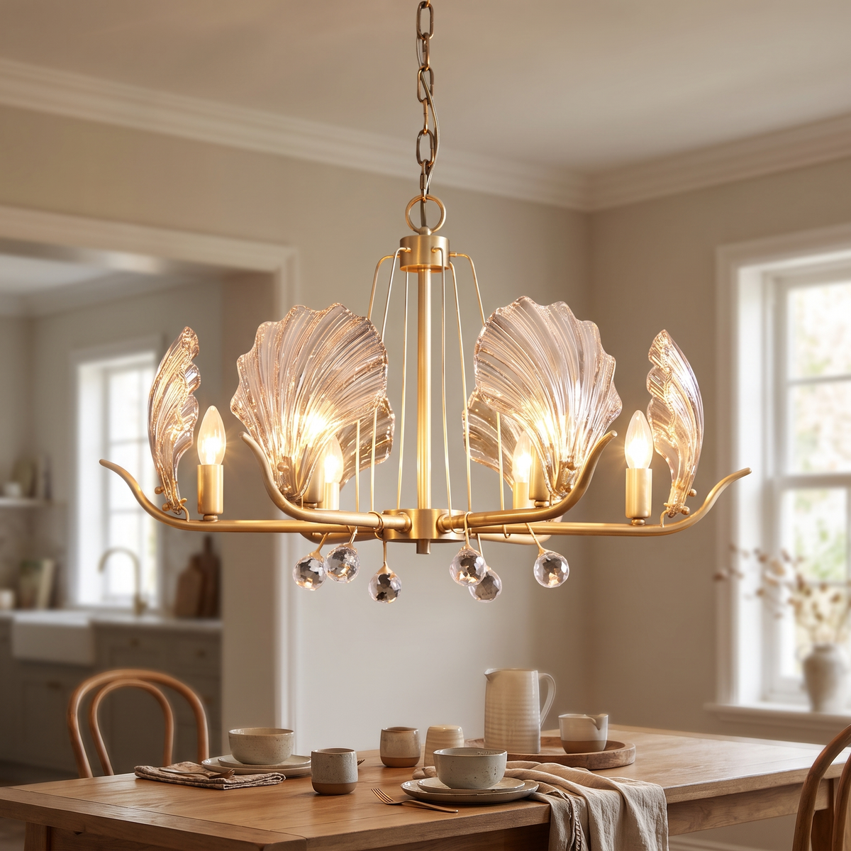 Amber Shell Glass Brass Chandelier close-up detail