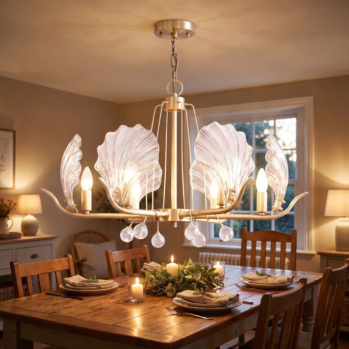 Amber Shell Glass Brass Chandelier in a dining room